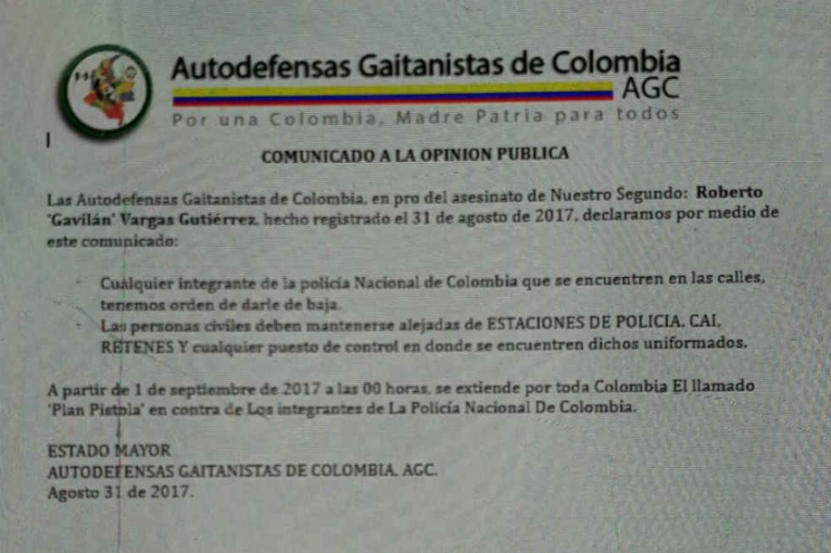 Panfleto atribuido a las Autodefensas Gaitanistas anuncia plan pistola “por toda Colombia” 1