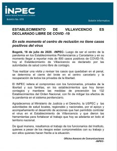 Inpec declara cárcel de Villavicencio libre de la covid-19 2