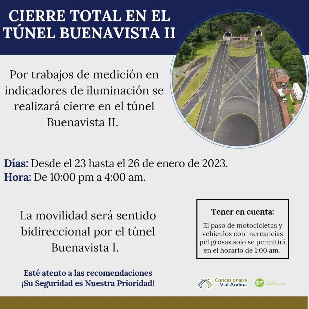 Habrá cierre total en el túnel Buenavista II desde el 23 hasta el 26 de enero 2