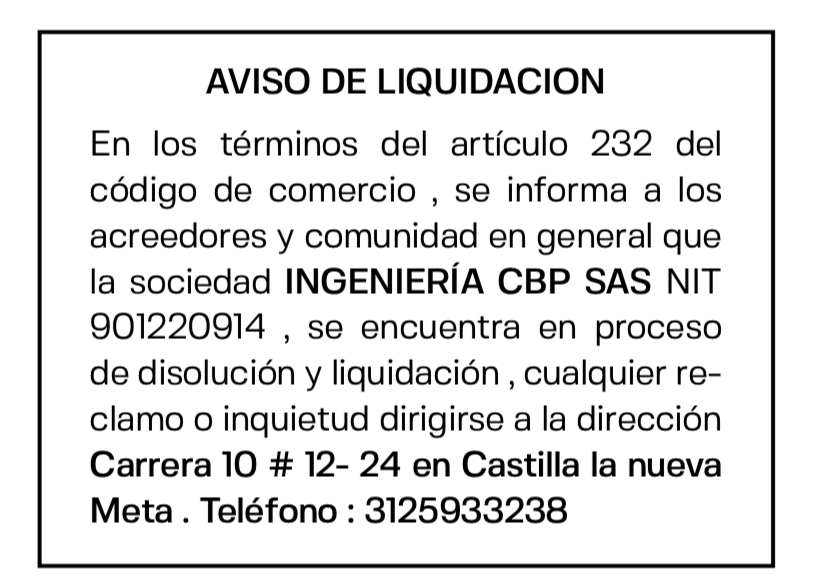 AVISO DE LIQUIDACION INGENIERÍA CBP SAS 1