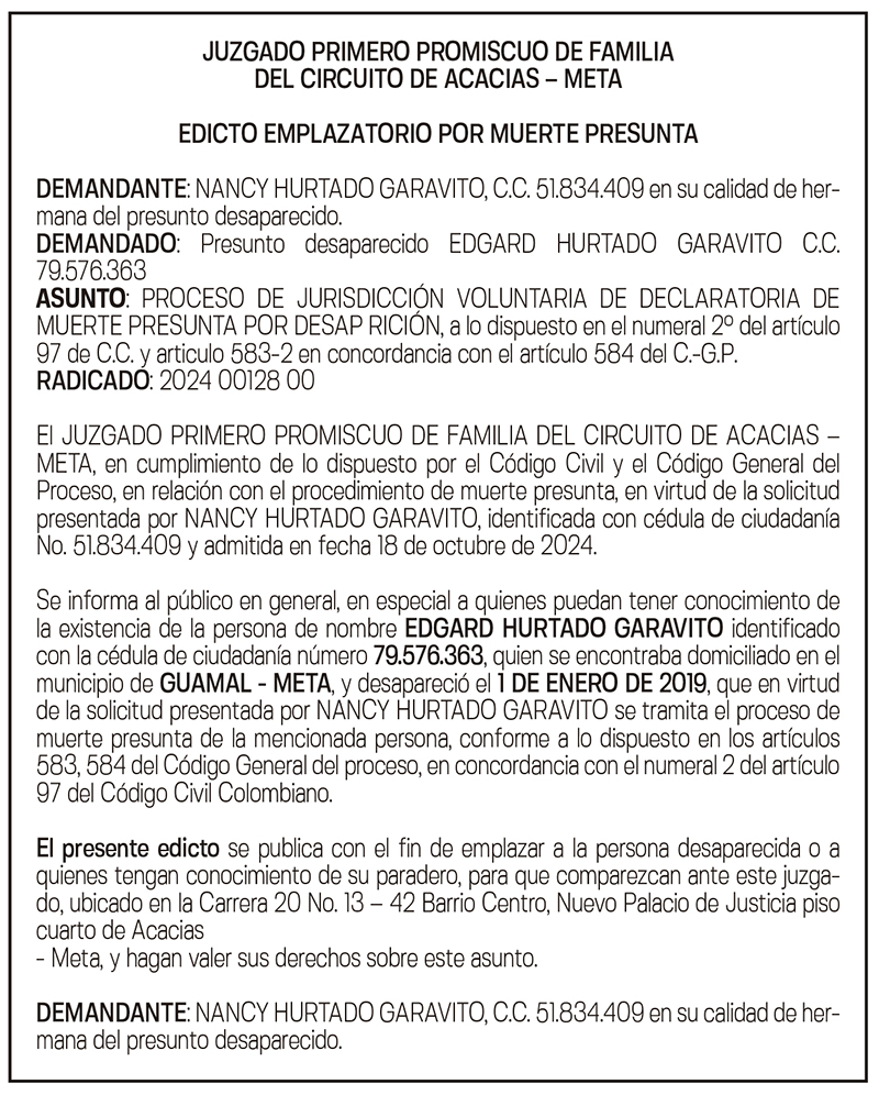EDICTO EMPLAZATORIO POR MUERTE PRESUNTA 1