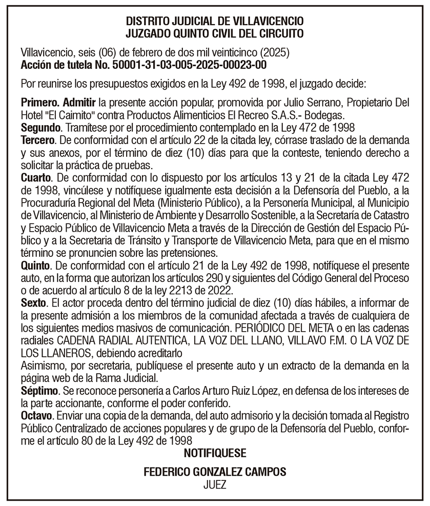 DISTRITO JUDICIAL DE VILLAVICENCIO JUZGADO QUINTO CIVIL DEL CIRCUITO Acción de tutela No. 50001-31-03-005-2025-00023-00 1