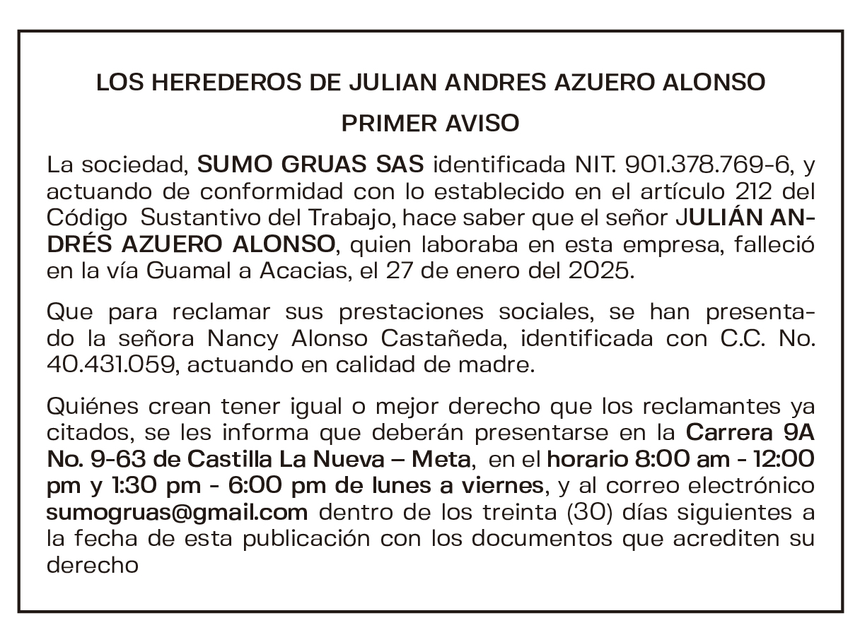 LOS HEREDEROS DE JULIAN ANDRES AZUERO ALONSO PRIMER AVISO 1