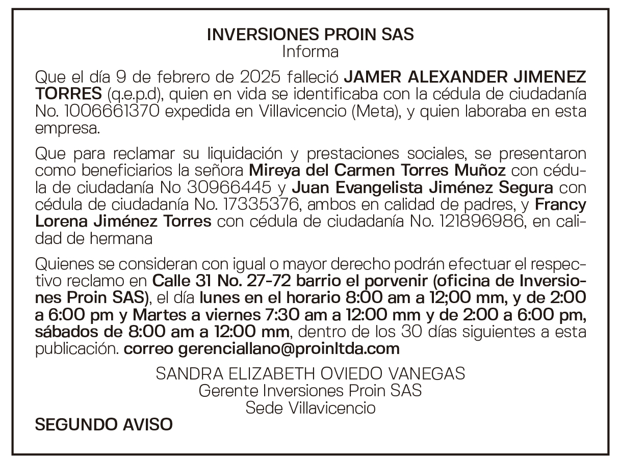 INVERSIONES PROIN SAS Informa 1