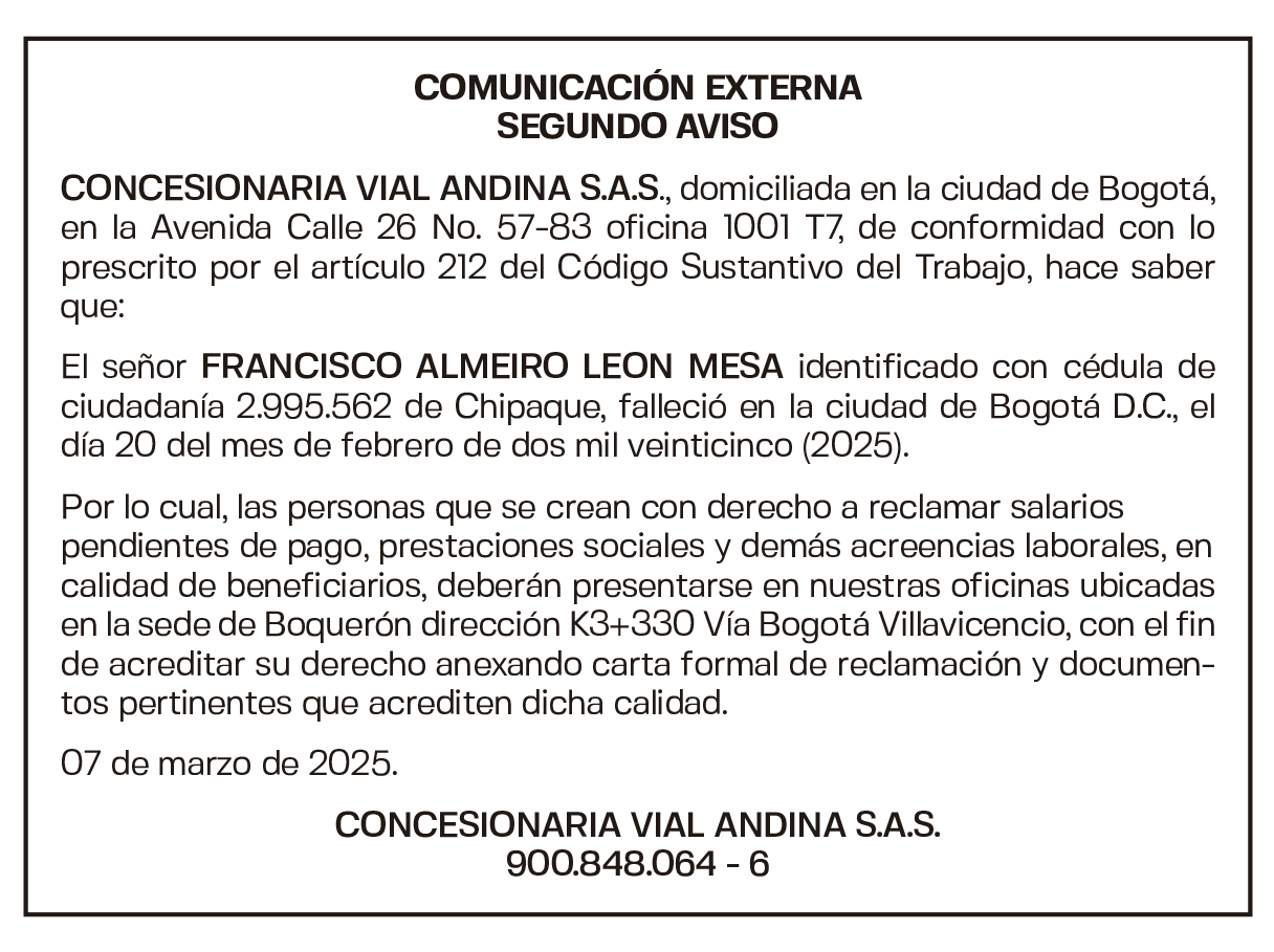 COMUNICACIÓN EXTERNA SEGUNDO AVISO CONCESIONARIA VIAL ANDINA S.A.S 1