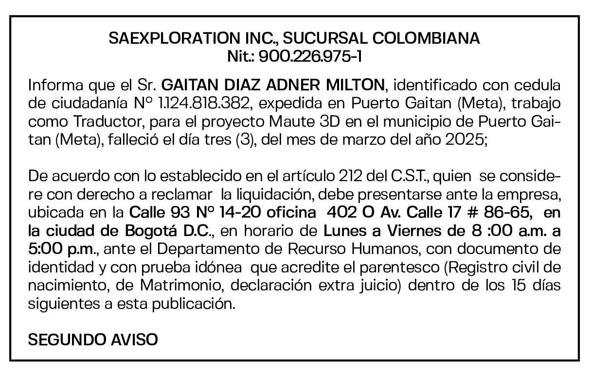 SAEXPLORATION INC. SUCURSAL COLOMBIANA 1