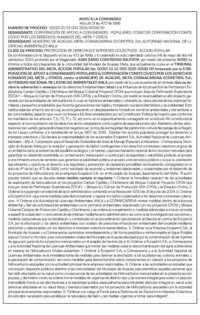 AVISO A LA COMUNIDAD NUMERO DE PROCESO: 50001233300020250013800 1