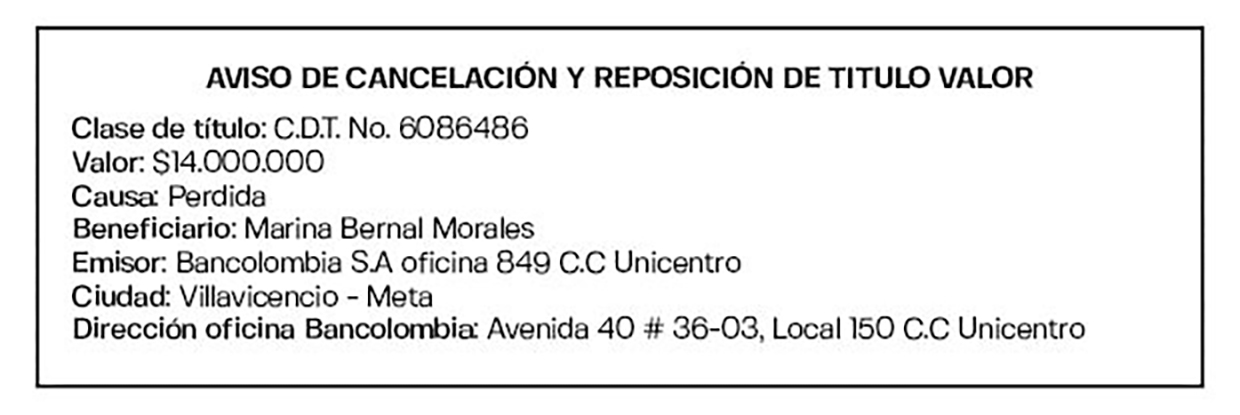 AVISO DE CANCELACIÓN Y REPOSICIÓN DE TITULO VALOR 1