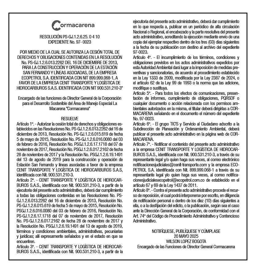 CORMACARENA RESOLUCIÓN PS-GJ.1.2.6.25. 0410 EXPEDIENTE No. 97- 0023 1 CORMACARENA RESOLUCIÓN PS-GJ.1.2.6.25. 0410 EXPEDIENTE No. 97- 0023 1