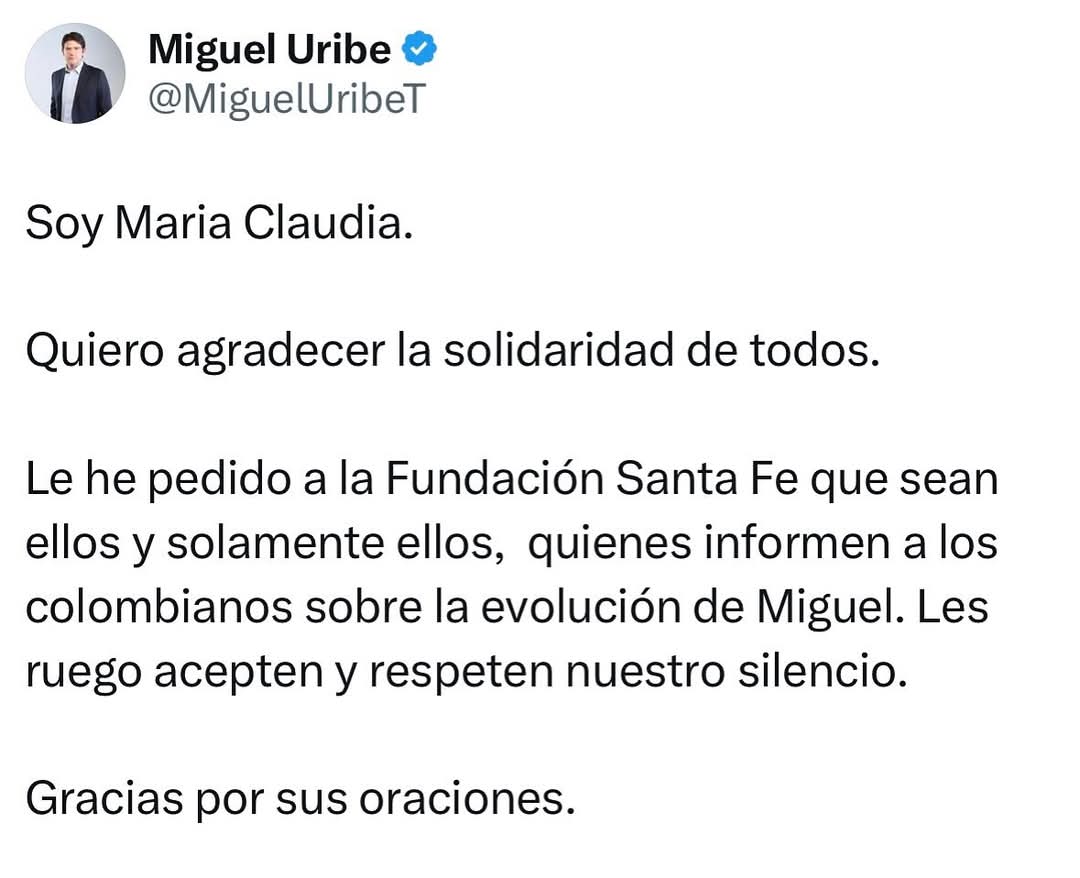 "Máxima gravedad": Fundación Santa Fe sobre el estado de Miguel Uribe 2 "Máxima gravedad": Fundación Santa Fe sobre el estado de Miguel Uribe 2