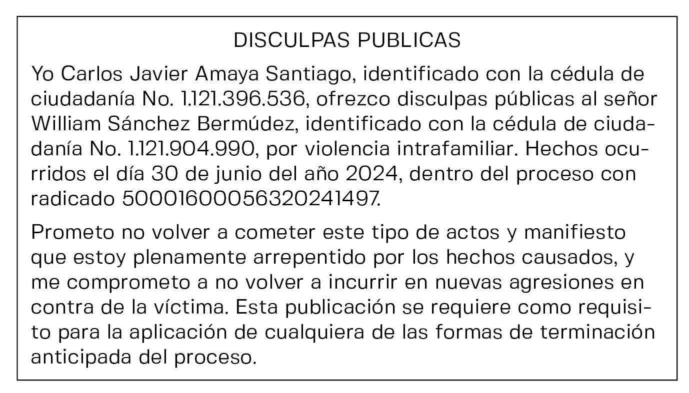 DISCULPAS PUBLICAS CARLOS JAVIER AMAYA RAD: 50001600056320241497 1