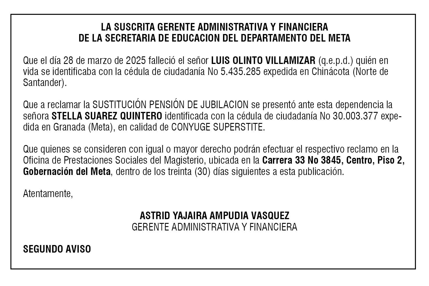 SUSTITUCIÓN PENSIÓN DE JUBILACION - LUIS OLINTO VILLAMIZAR 1 SUSTITUCIÓN PENSIÓN DE JUBILACION - LUIS OLINTO VILLAMIZAR 1