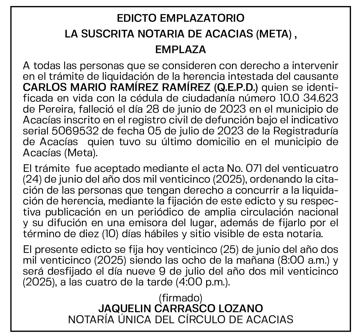 EDICTO EMPLAZATORIO - CARLOS MARIO RAMÍREZ RAMÍREZ 1 EDICTO EMPLAZATORIO - CARLOS MARIO RAMÍREZ RAMÍREZ 1