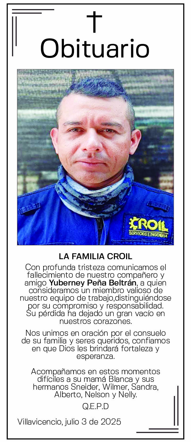 Obituario Yuberney Peña Beltrán - CROIL 1