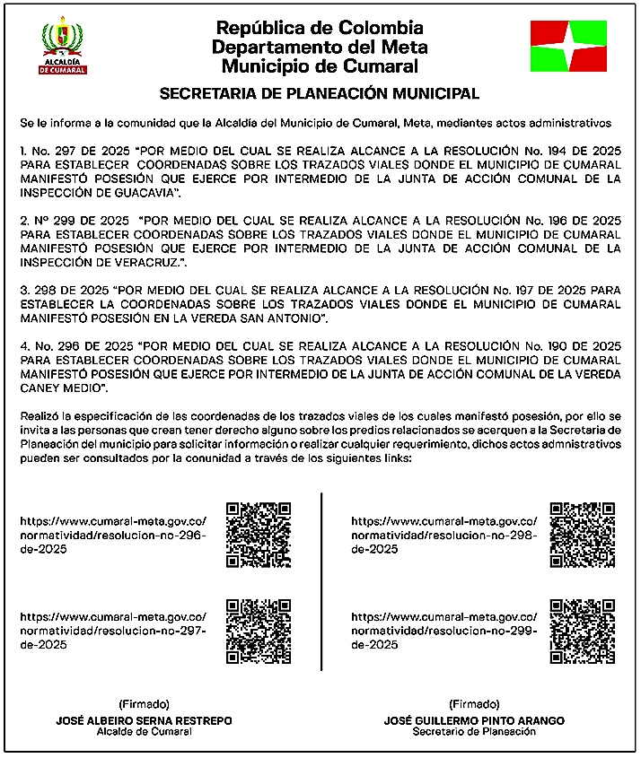 SECRETARIA DE PLANEACIÓN MUNICIPAL DE CUMARAL - ACTOS ADMINISTRATIVOS N° 296 - 297 - 298 -299 DE 2025 1 SECRETARIA DE PLANEACIÓN MUNICIPAL DE CUMARAL - ACTOS ADMINISTRATIVOS N° 296 - 297 - 298 -299 DE 2025 1