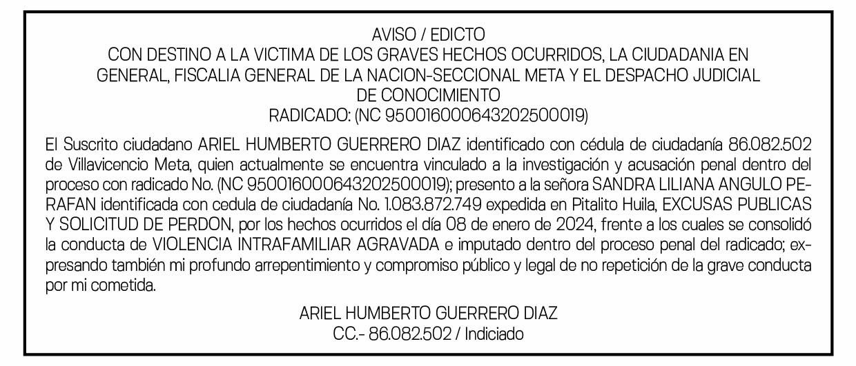 DISCULPAS PUBLICAS RADICADO: (NC 950016000643202500019) 1