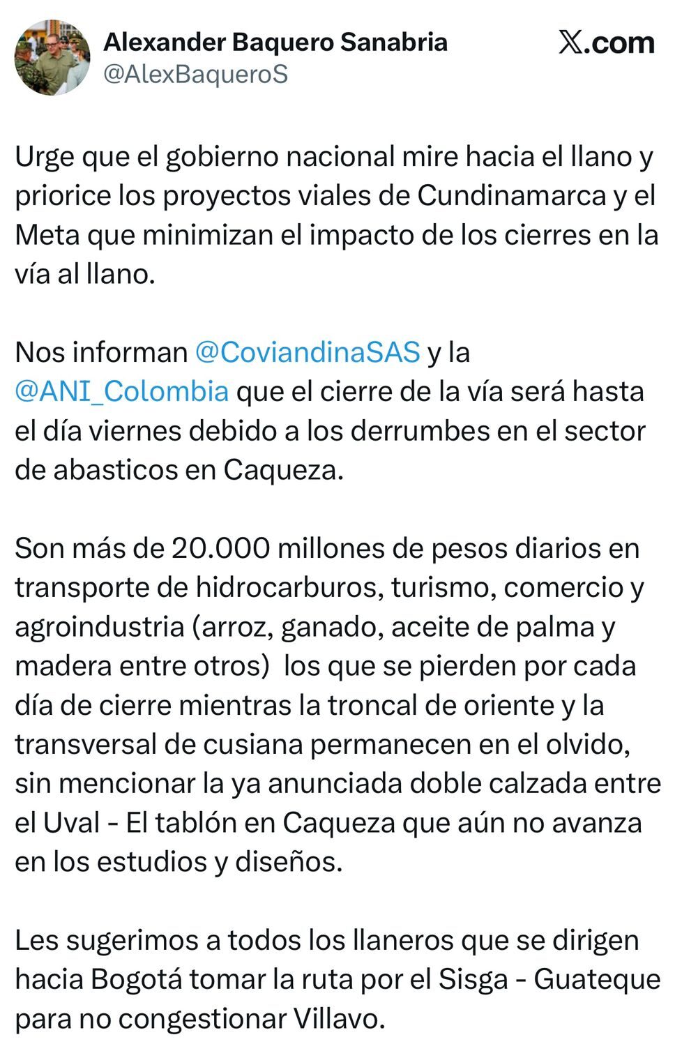 "Cierre de vía será hasta el viernes", informó el alcalde Alexander Baquero 2 "Cierre de vía será hasta el viernes", informó el alcalde Alexander Baquero 2