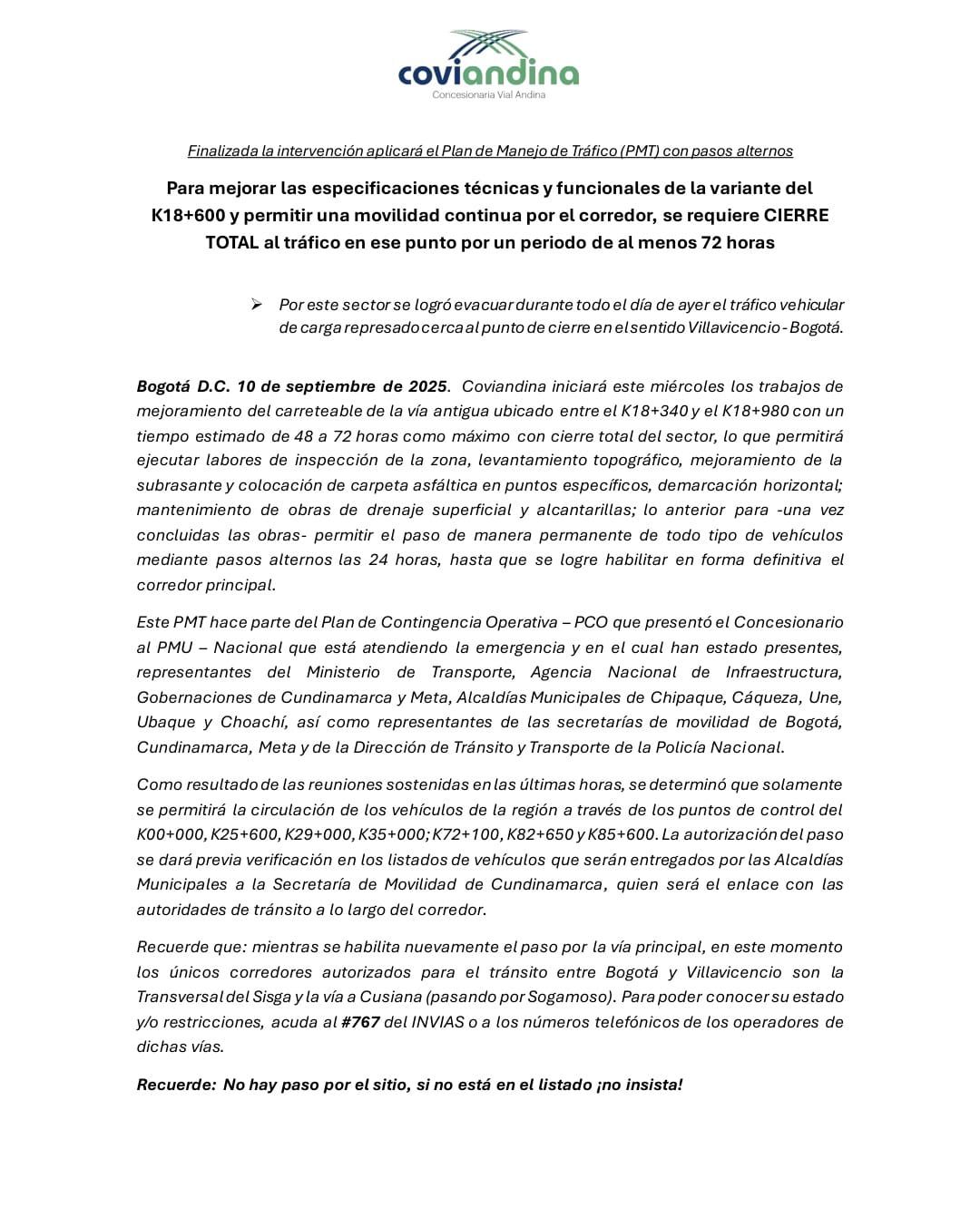 Coviandina anuncia cierre total de la vía antigua durante 72 horas 2 Coviandina anuncia cierre total de la vía antigua durante 72 horas 2