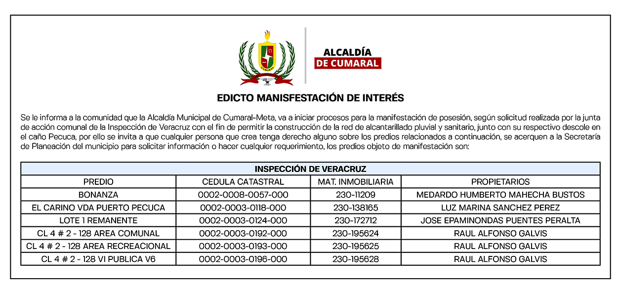 EDICTO MANIFESTACIÓN DE INTERÉS ALCALDÍA DE CUMARAL 1