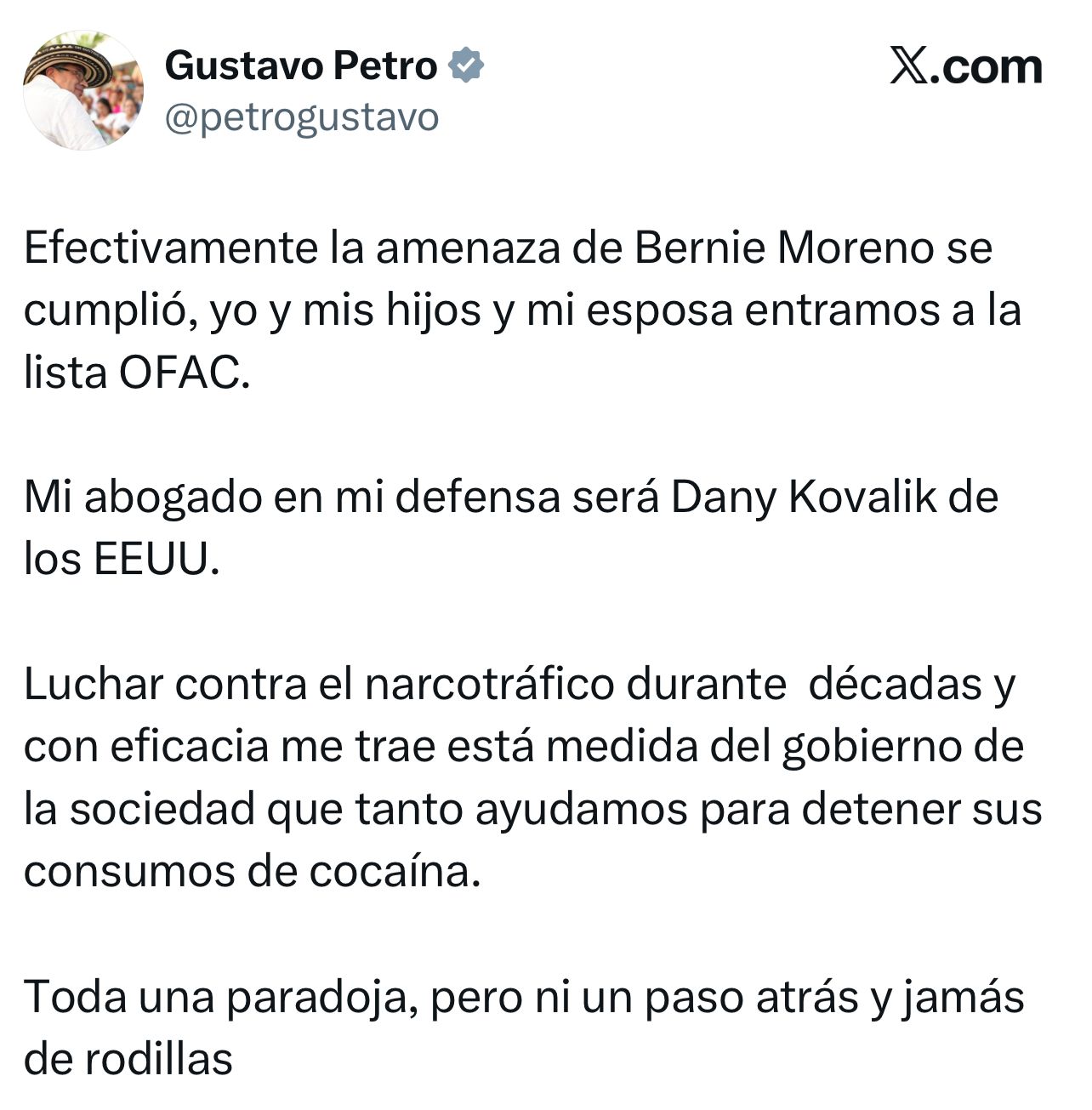 “Jamás de rodillas”: Gustavo Petro responde tras sanción de EE. UU. por presuntos vínculos con narcotráfico 2 “Jamás de rodillas”: Gustavo Petro responde tras sanción de EE. UU. por presuntos vínculos con narcotráfico 2