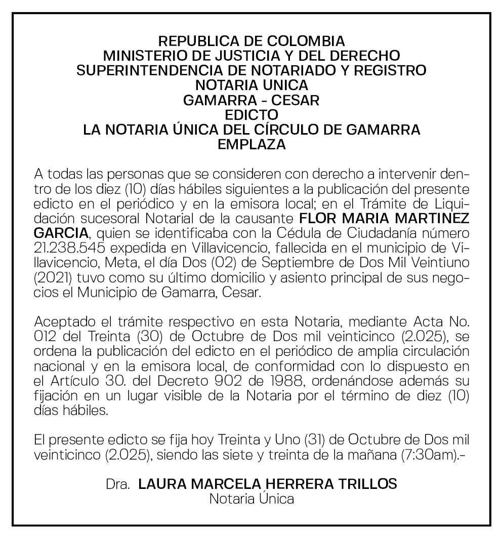EMPLAZAMIENTO NOTARIA ÚNICA DEL CÍRCULO DE GAMARRA FLOR MARIA MARTINEZ 1