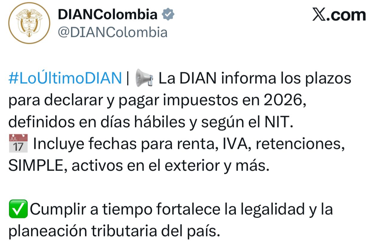 Este es el calendario tributario que regirá las obligaciones fiscales en 2026, según la Dian 2