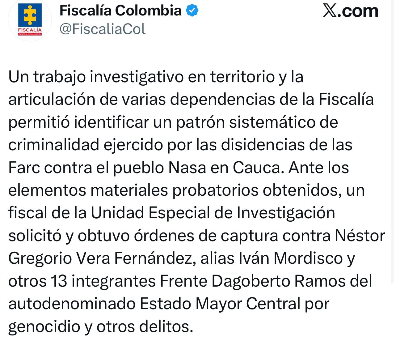 Fiscalía señala a disidencias de 'Iván Mordisco' por exterminio sistemático de pueblo indígena 2