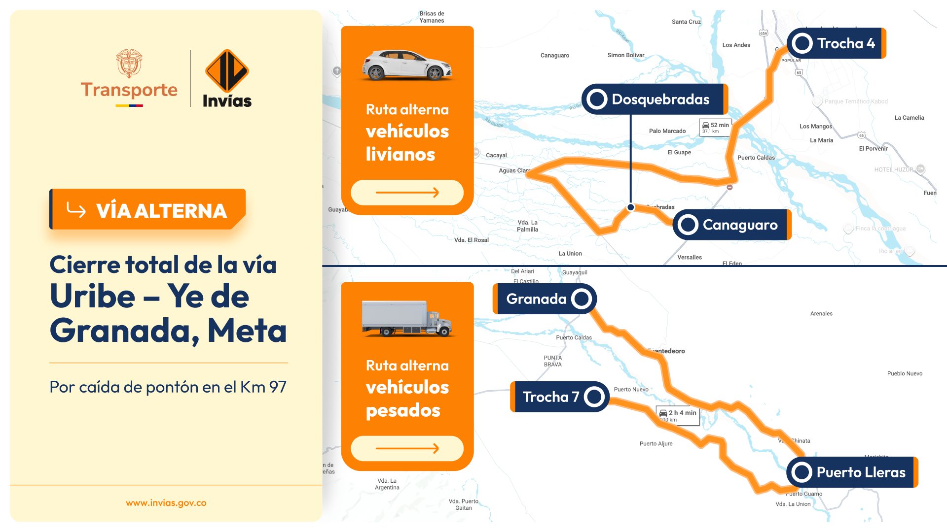 Habilitados corredores alternos tras colapso de puente en la región del Ariari 3 Habilitados corredores alternos tras colapso de puente en la región del Ariari 3