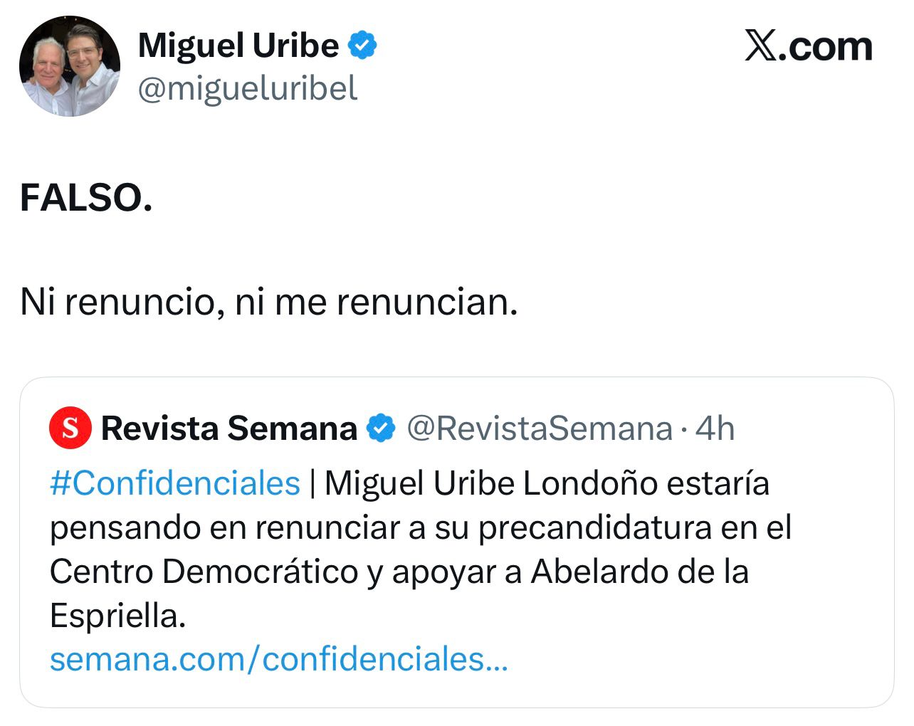 Miguel Uribe Londoño desmiente su renuncia y pide rectificación al Centro Democrático 2 Miguel Uribe Londoño desmiente su renuncia y pide rectificación al Centro Democrático 2