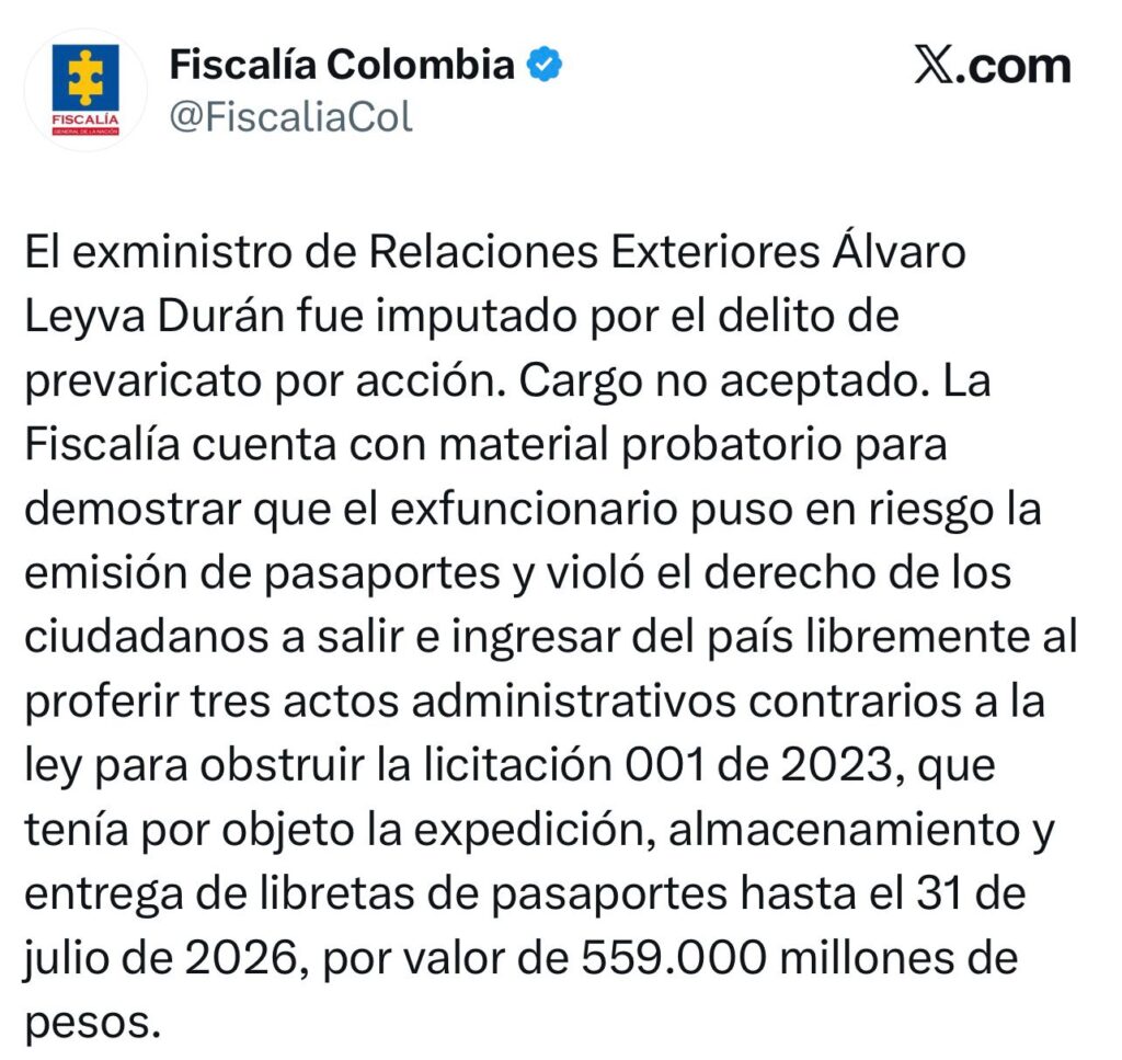 Fiscalía imputa a Álvaro Leyva por presuntas irregularidades en la licitación de pasaportes 2 Fiscalía imputa a Álvaro Leyva por presuntas irregularidades en la licitación de pasaportes 2