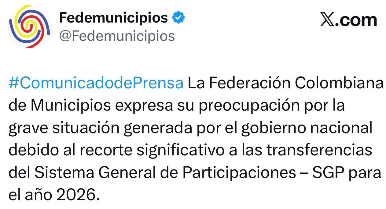 Recorte del 48,8 % al SGP pone en riesgo la prestación de servicios básicos en los municipios 2