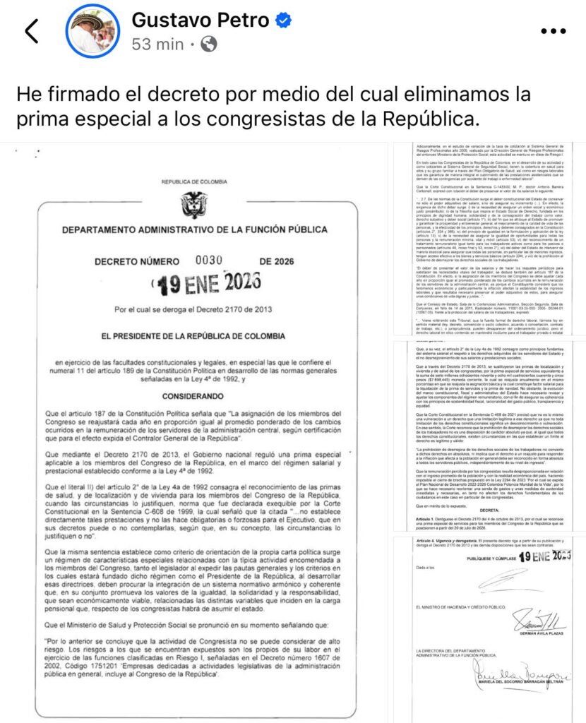 Gobierno expide decreto y elimina prima especial para congresistas 2