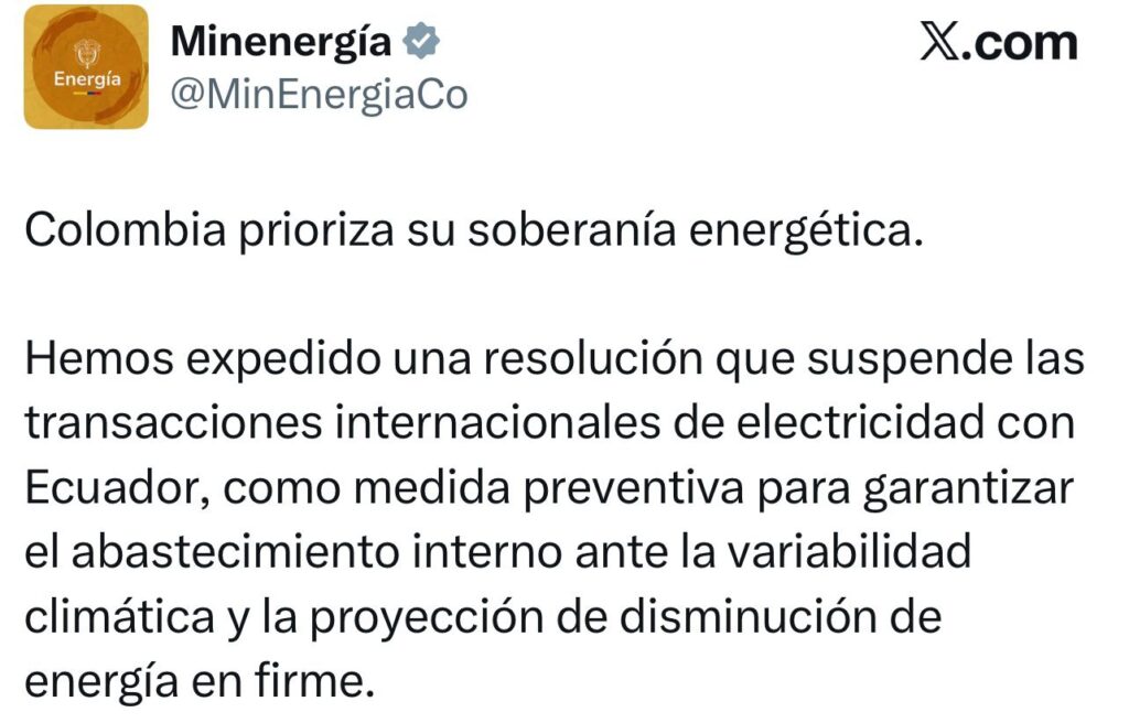 Colombia suspende exportaciones de energía a Ecuador tras choque por aranceles 2 Colombia suspende exportaciones de energía a Ecuador tras choque por aranceles 2