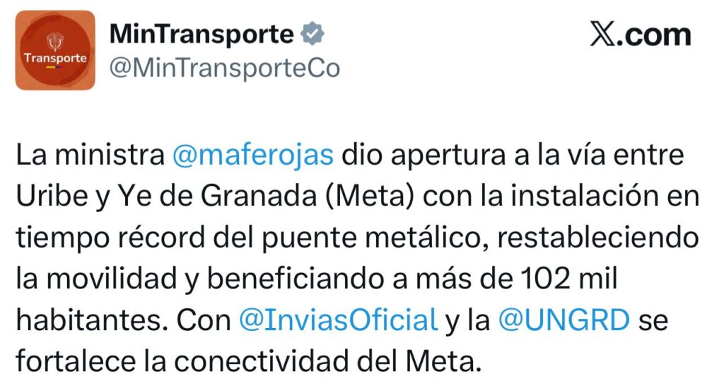 'Desde hoy hay tránsito': ministra de Transporte tras habilitar puente metálico en la vía Granada 3