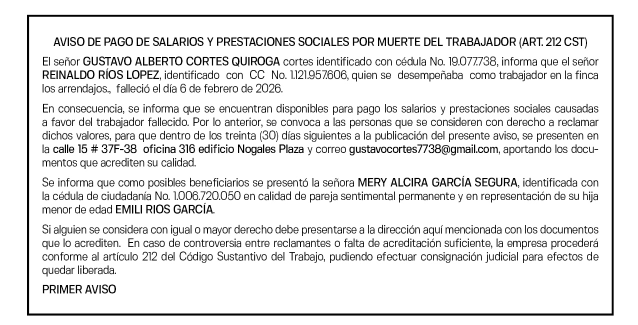 VISO DE PAGO DE SALARIOS Y PRESTACIONES SOCIALES POR MUERTE DEL TRABAJADOR GUSTAVO ALBERTO CORTES QUIROGA 1