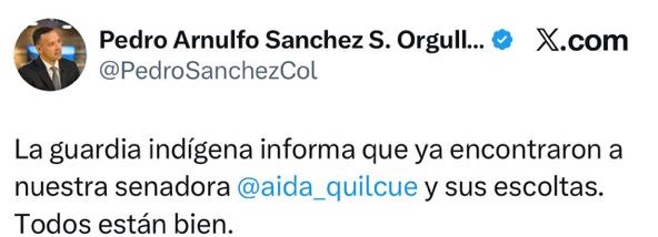 MinDefensa confirma: la senadora Aida Quilcué fue encontrada con vida en Cauca 2