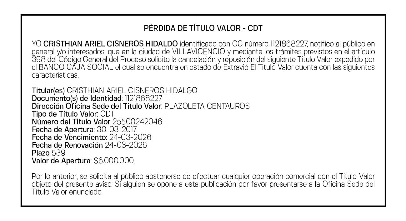 CRISTHIAN ARIEL CISNEROS HIDALGO Titulo Valor: CDT 25500242046 1
