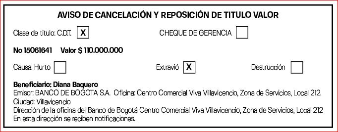 AVISO DE CANCELACIÓN Y REPOSICIÓN DE TITULO VALOR - No 15061641 1