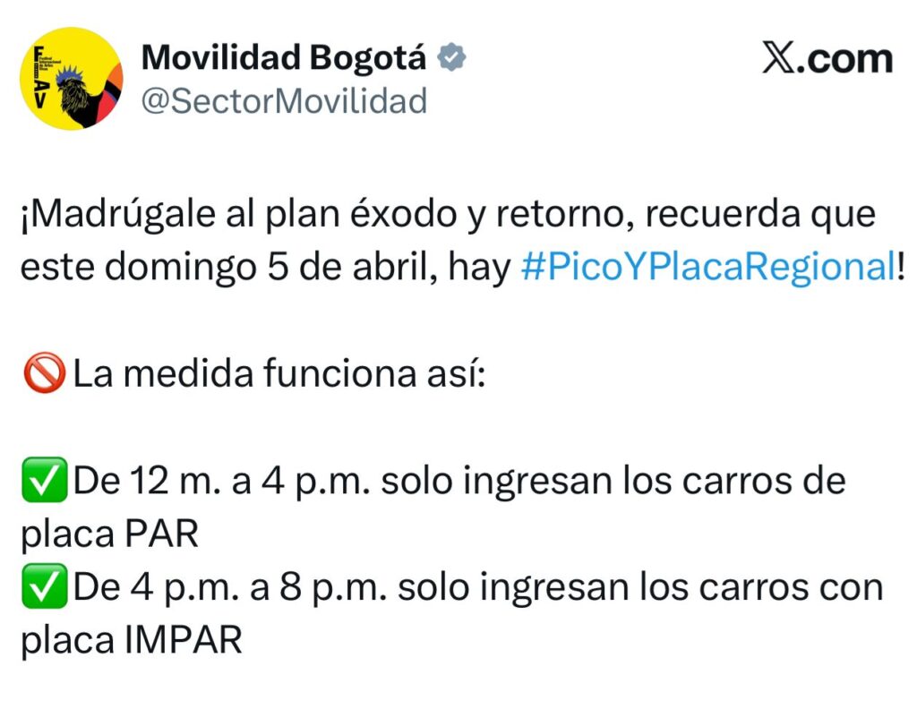Conozca el pico y placa regional para ingresar a Bogotá este domingo 5 de abril 2