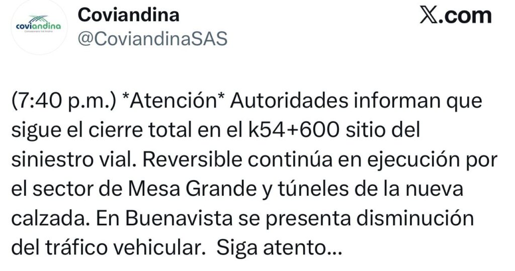 Cierre por accidente en el km 54 afecta el flujo vehicular en la vía Villavicencio – Bogotá 2 Cierre por accidente en el km 54 afecta el flujo vehicular en la vía Villavicencio – Bogotá 2