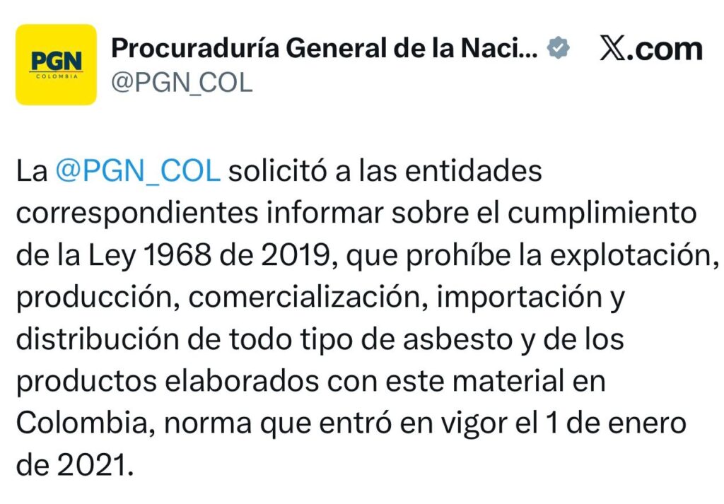 Procuraduría exige acciones urgentes para cumplir prohibición del asbesto en Colombia 2