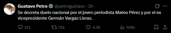 Petro decreta duelo nacional por muerte de Vargas Lleras y asesinato de periodista 2 Petro decreta duelo nacional por muerte de Vargas Lleras y asesinato de periodista 2