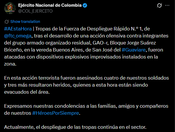 Ataque con explosivos en Guaviare deja cuatro soldados muertos 2