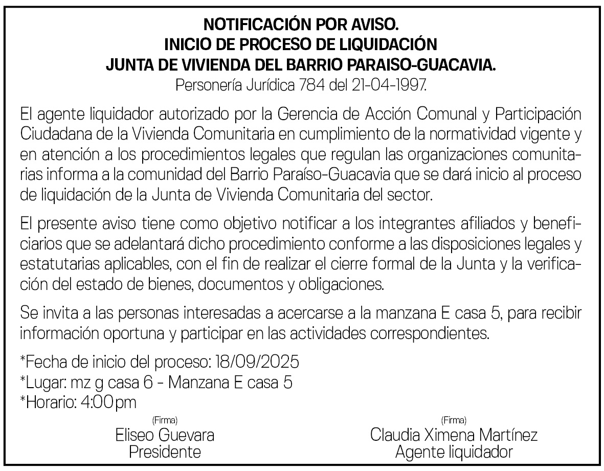 NOTIFICACIÓN POR AVISO. INICIO DE PROCESO DE LIQUIDACIÓN JUNTA DE VIVIENDA DEL BARRIO PARAISO-GUACAVIA. 1