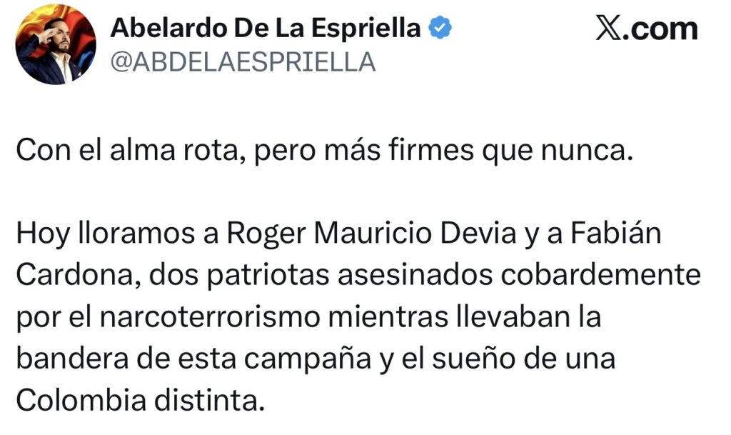 “Los asesinaron cuando regresaban a Cubarral con publicidad de la campaña”: Abelardo de la Espriella 2 “Los asesinaron cuando regresaban a Cubarral con publicidad de la campaña”: Abelardo de la Espriella 2