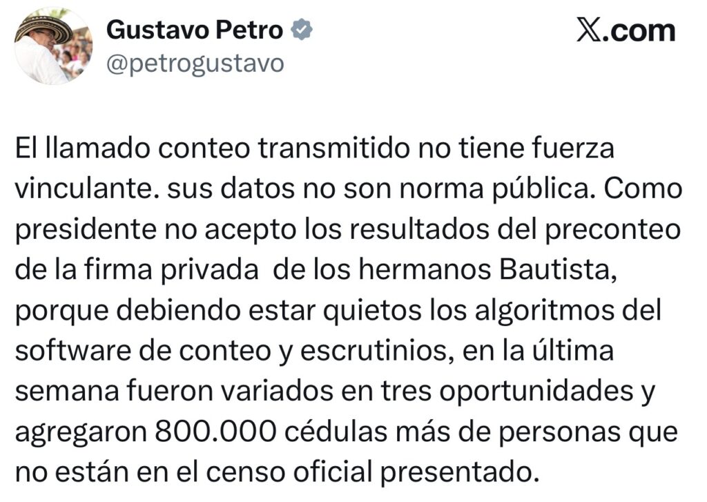 Petro desconoce resultados del preconteo y dice que solo aceptará los escrutinios oficiales 2 Petro desconoce resultados del preconteo y dice que solo aceptará los escrutinios oficiales 2