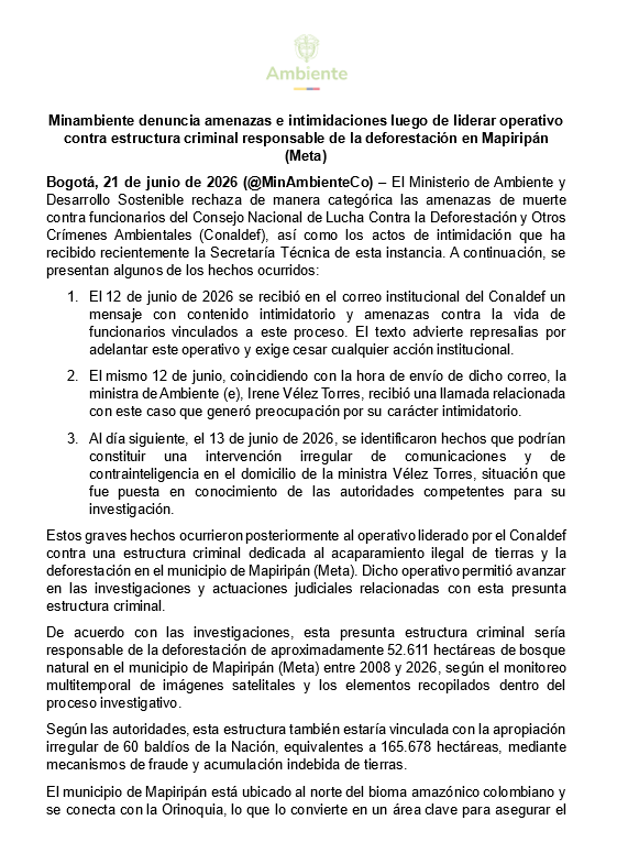 MinAmbiente denuncia amenazas tras golpe a red vinculada con la deforestación en Meta 2 MinAmbiente denuncia amenazas tras golpe a red vinculada con la deforestación en Meta 2