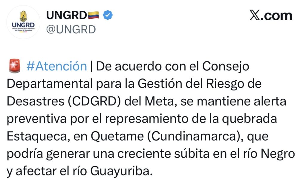 Autoridades monitorean riesgo de creciente en el río Guayuriba tras deslizamiento en Quetame 3