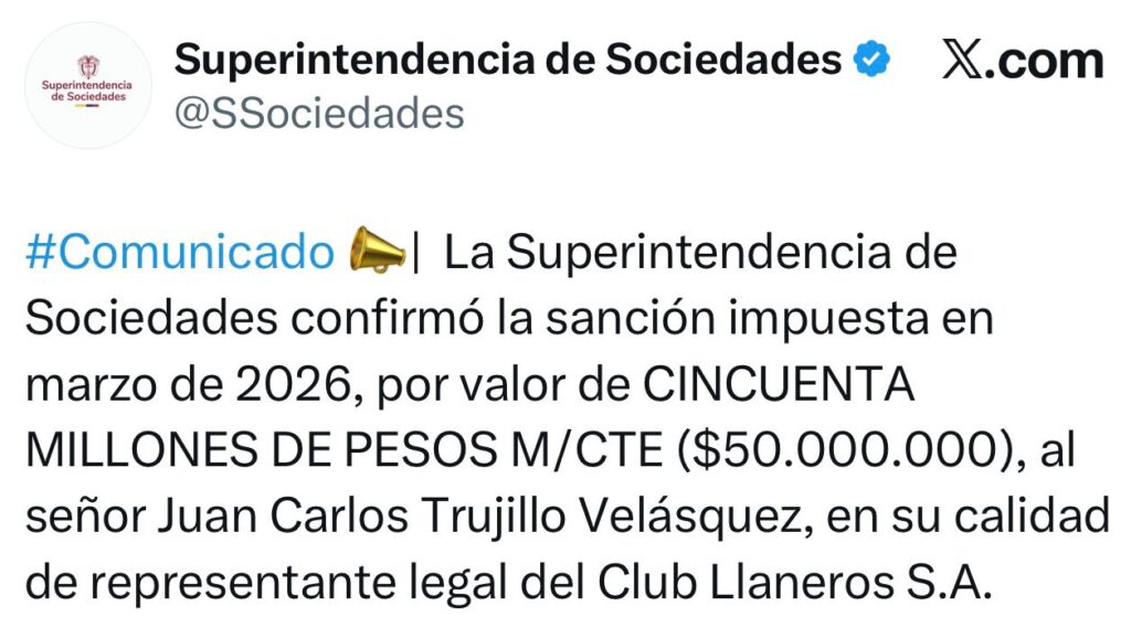 SuperSociedades ratifica multa de $50 millones contra el presidente de Llaneros Fútbol Club 2