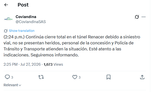 Cierre total en el túnel Renacer de la vía Bogotá–Villavicencio por accidente 2